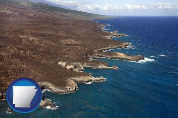 an aerial photograph of a Hawaiian shoreline - with Arkansas icon