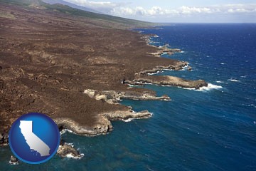 an aerial photograph of a Hawaiian shoreline - with California icon