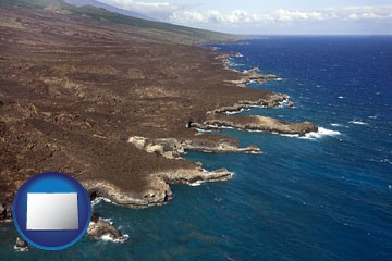 an aerial photograph of a Hawaiian shoreline - with Colorado icon