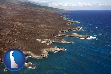 an aerial photograph of a Hawaiian shoreline - with Delaware icon