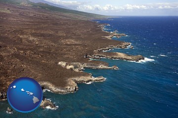 an aerial photograph of a Hawaiian shoreline - with Hawaii icon