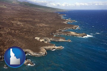 an aerial photograph of a Hawaiian shoreline - with Idaho icon