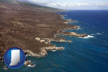 an aerial photograph of a Hawaiian shoreline - with Indiana icon