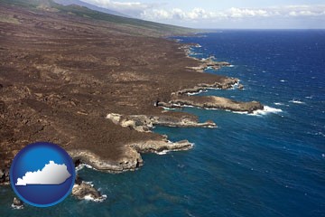 an aerial photograph of a Hawaiian shoreline - with Kentucky icon