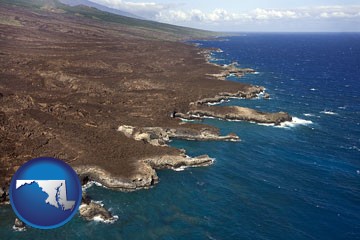 an aerial photograph of a Hawaiian shoreline - with Maryland icon
