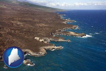 an aerial photograph of a Hawaiian shoreline - with Maine icon
