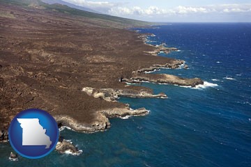 an aerial photograph of a Hawaiian shoreline - with Missouri icon