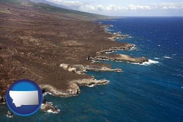 an aerial photograph of a Hawaiian shoreline - with Montana icon