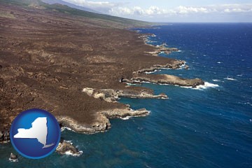 an aerial photograph of a Hawaiian shoreline - with New York icon