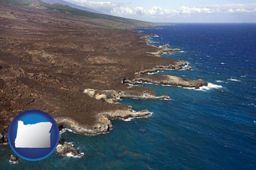 an aerial photograph of a Hawaiian shoreline - with Oregon icon