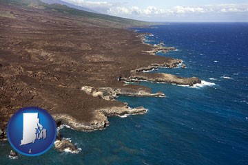 an aerial photograph of a Hawaiian shoreline - with Rhode Island icon
