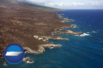 an aerial photograph of a Hawaiian shoreline - with Tennessee icon