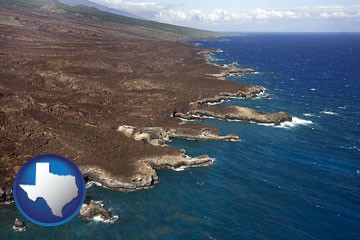 an aerial photograph of a Hawaiian shoreline - with Texas icon