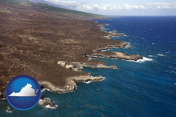 an aerial photograph of a Hawaiian shoreline - with Virginia icon